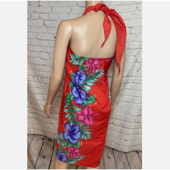 Vintage 60s 70s Helena’s Hawaiian Sarong Wrap Pareo Red/Pink Hibiscus on Black - Picture 5 of 10